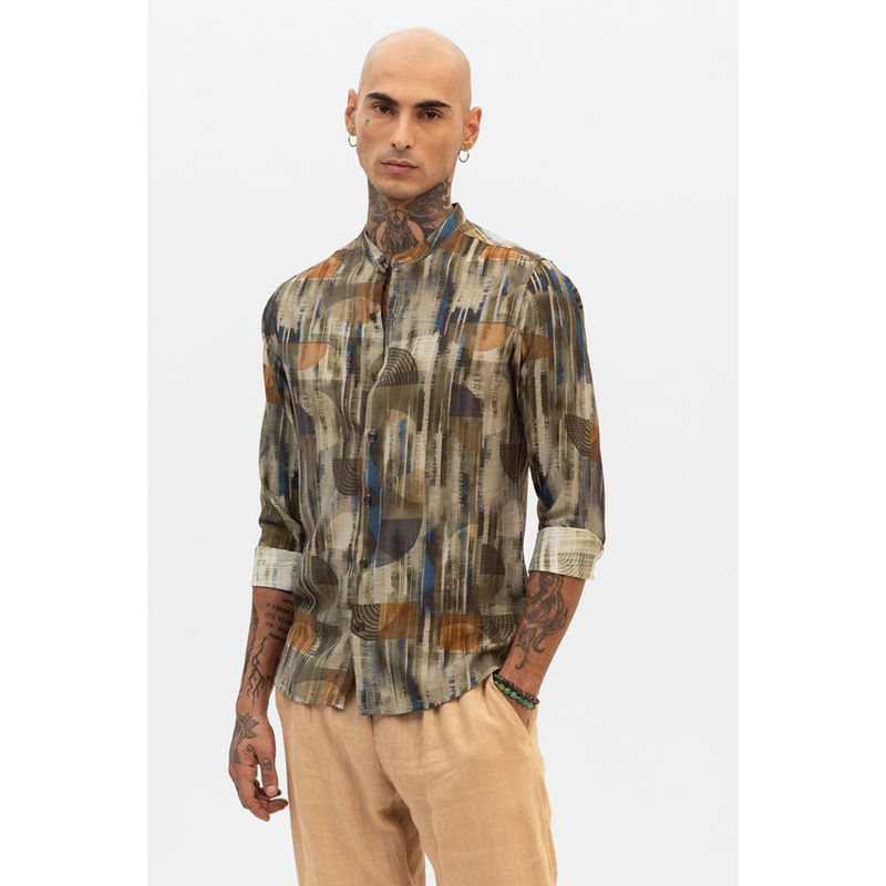 Snitch Olive Slim Fit Abstract Shirt (XS)