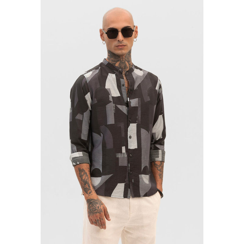 Snitch Black Abstract Mandarin Shirt (XS)
