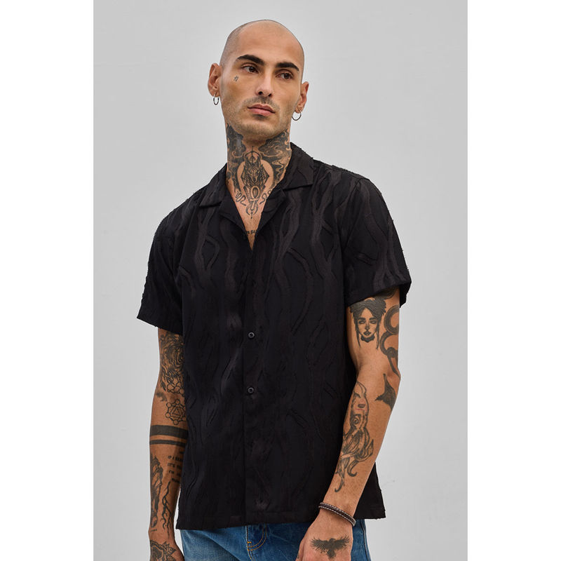 Snitch Black Self Design Boxy Fit Shirt (S)