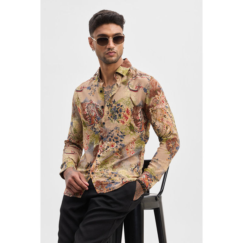 Snitch Beige Printed Floral Slim Fit Shirt (XS)