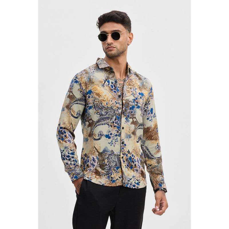 Snitch Light Green Printed Floral Slim Fit Shirt (XS)