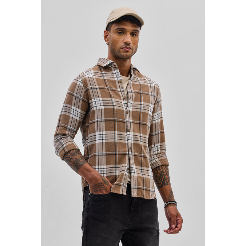 Snitch Tan Brown Checks Slim Fit Shirt (XS)