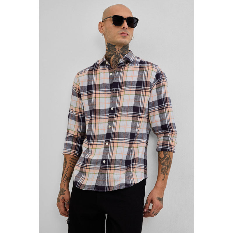 Snitch Peach Checks Linen Blend Shirt (L)