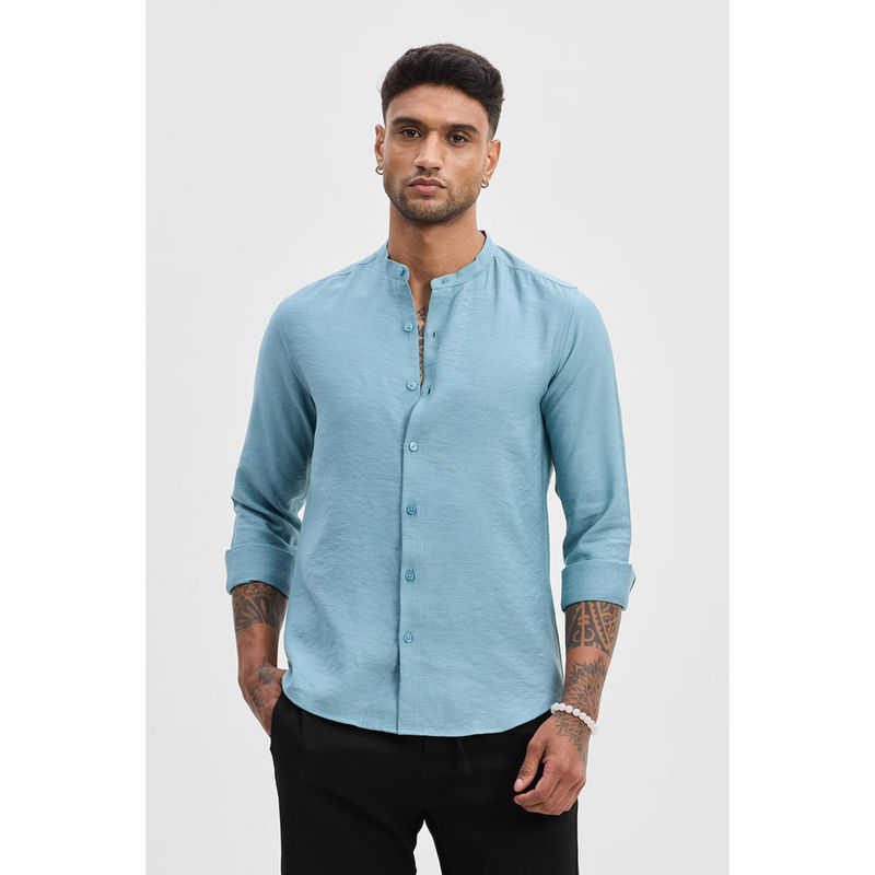 Snitch Aqua Blue Mandarin Slim Fit Shirt (XL)