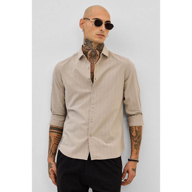 Snitch Dark Beige Slim Fit Stripes Shirt (XL)