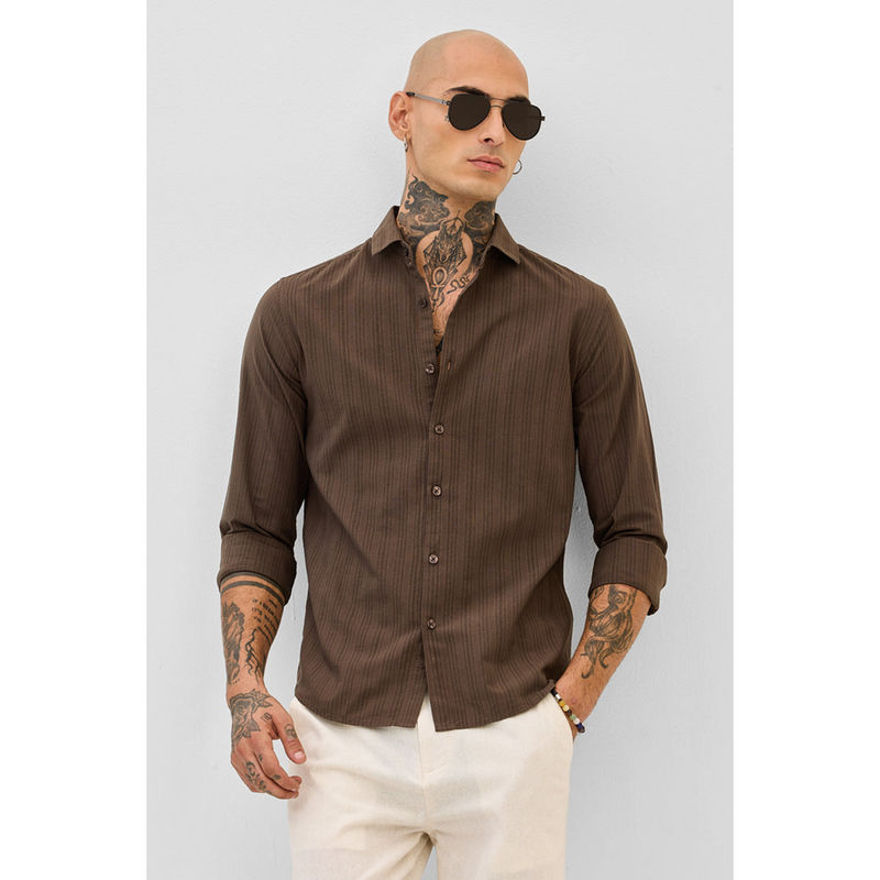 Snitch Brown Slim Fit Stripes Shirt (2XL)
