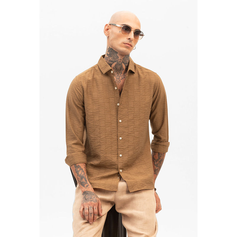 Snitch Tan Self Design Slim Fit Shirt (XS)