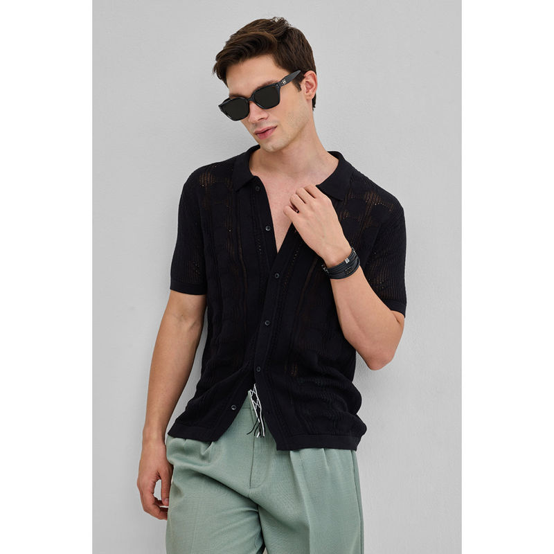 Snitch Black Self Design Knitted Shirt (XL)