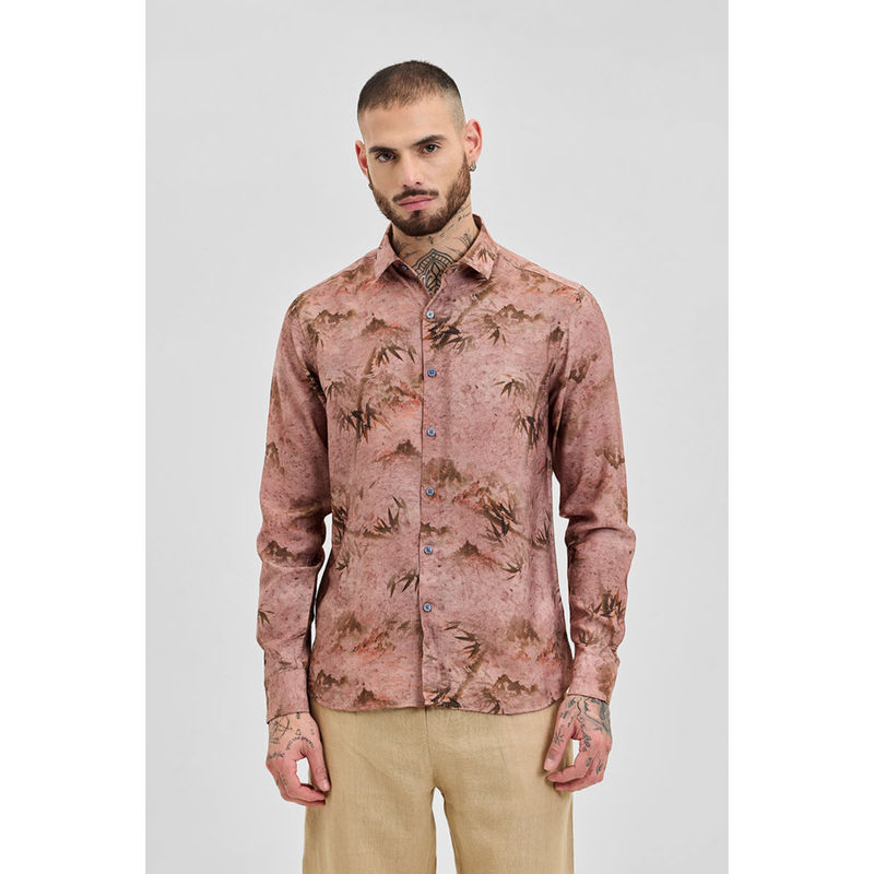 Snitch Peach Printed Slim Fit Shirt (XL)