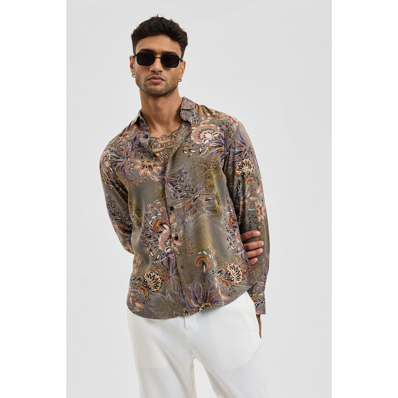 Snitch Light Grey Floral Slim Fit Shirt (2XL)