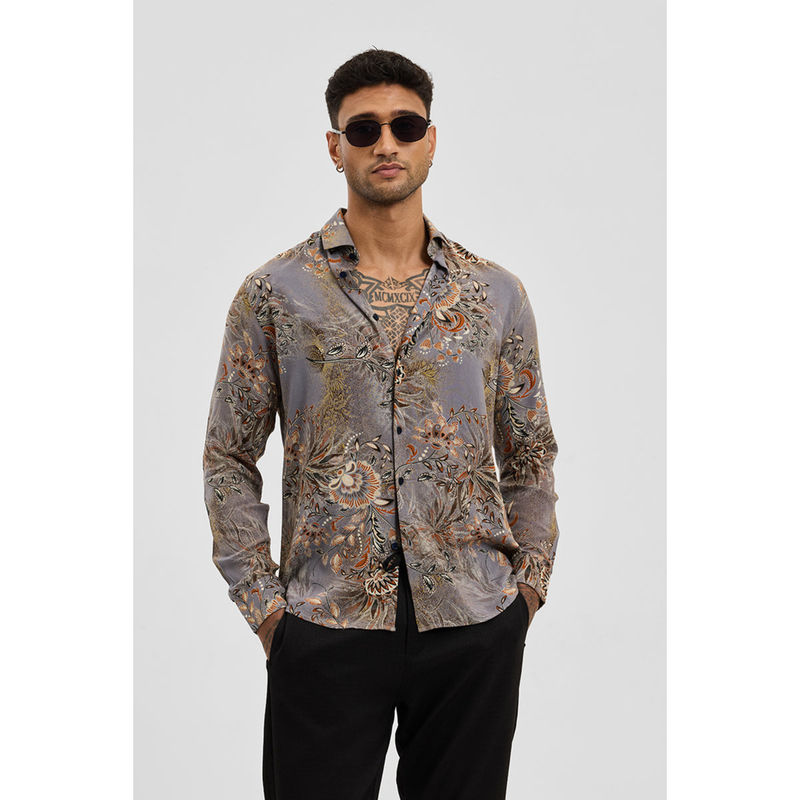 Snitch Grey Floral Slim Fit Shirt (2XL)