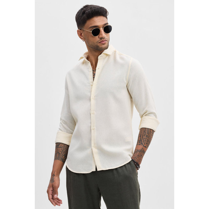 Snitch Cream Self Design Slim Fit Shirt (2XL)