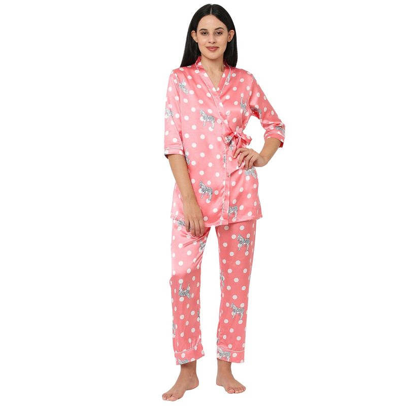 Sweet Dreams Women 3/4th Sleeve Satin Printed Front Open Peach Night Suit (Pack of 3) (L)