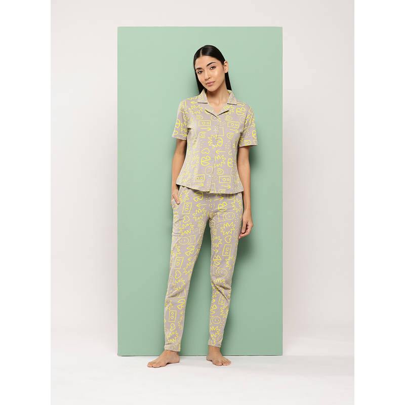 Leading Lady Women Grey Printed Cotton Shirt with Pyjama (S)