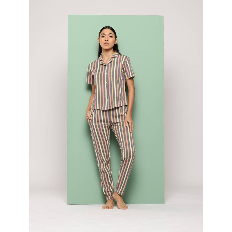 Leading Lady Women Grey Stripes Cotton Shirt with Pyjama (S)