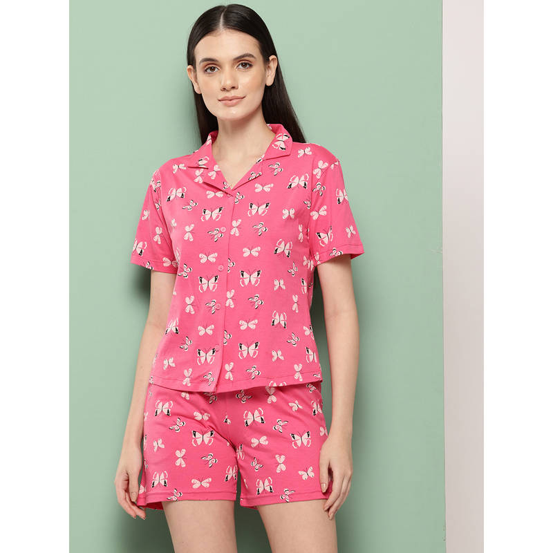 Leading Lady Women Dark Pink Printed Cotton Shirt with Shorts (S)