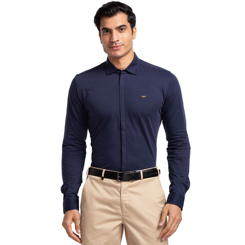 Park Avenue Men Slim Fit Blended Fabric Solid Navy Blue Formal Shirt (42)