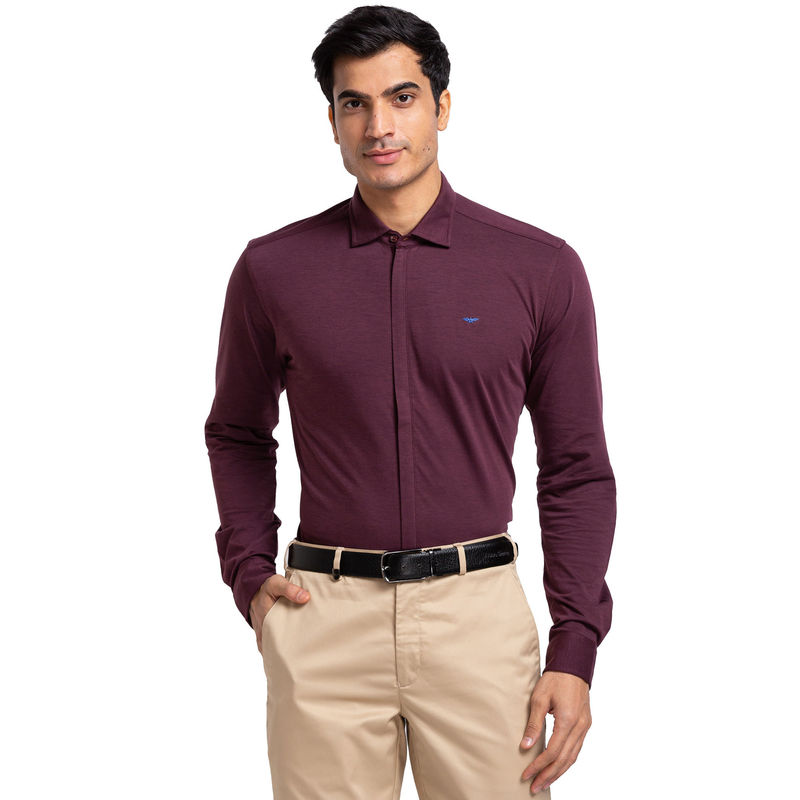 Park Avenue Men Slim Fit Blended Fabric Solid Maroon Formal Shirt (42)