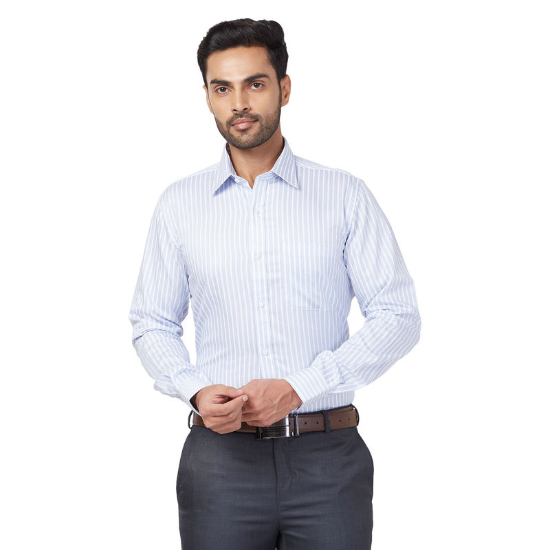 Raymond Men Comfortable Fit Cotton Stripes Blue Formal Shirt (42)