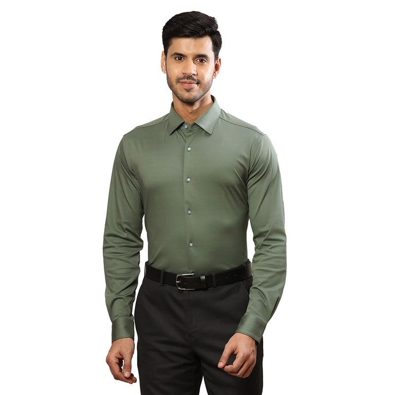 Raymond Men Slim Fit Cotton Solid Green Formal Shirt (39)