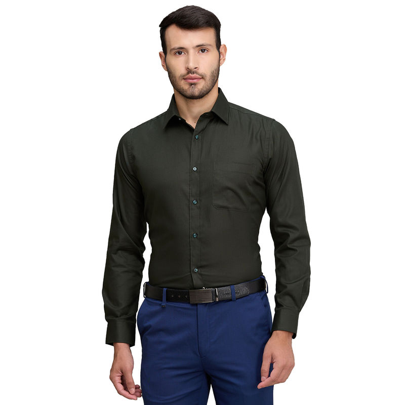 Raymond Men Slim Fit Cotton Solid Green Formal Shirt (39)