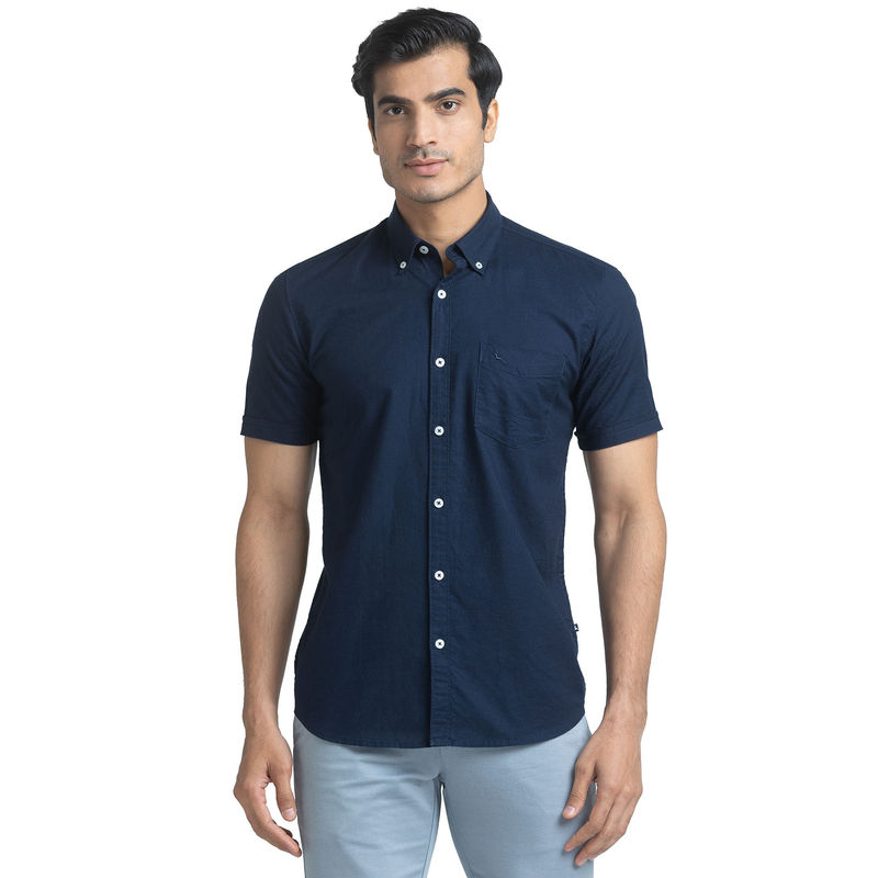 Parx Men Slim Fit Cotton Solid Navy Blue Casual Shirt (38)