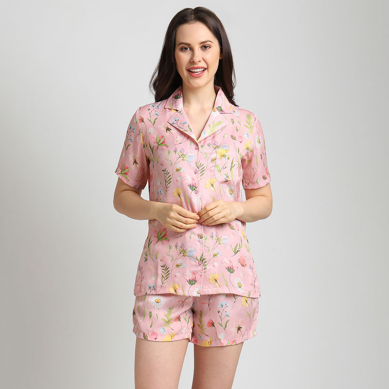 Drape In Vogue Women Pink Floral Print Night Suit (XL)