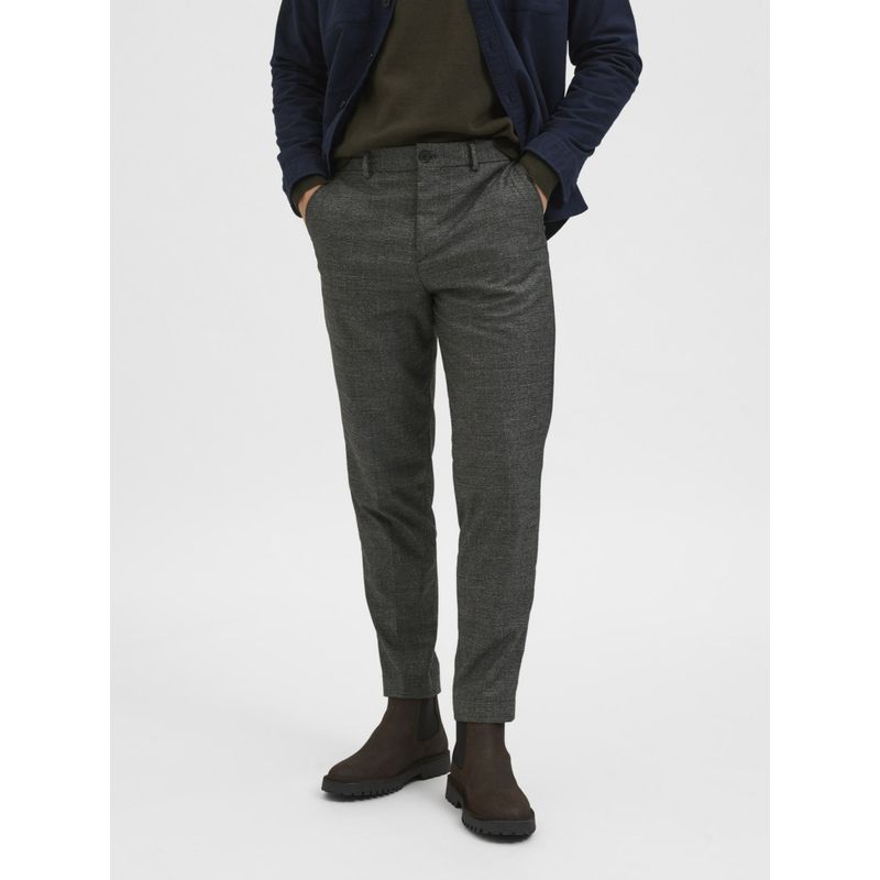 Selected Grey Mid Rise Check Slim Trousers -29
