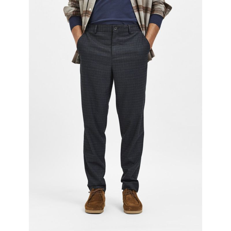 Selected Dark Blue Mid Rise Check Slim Trousers -33