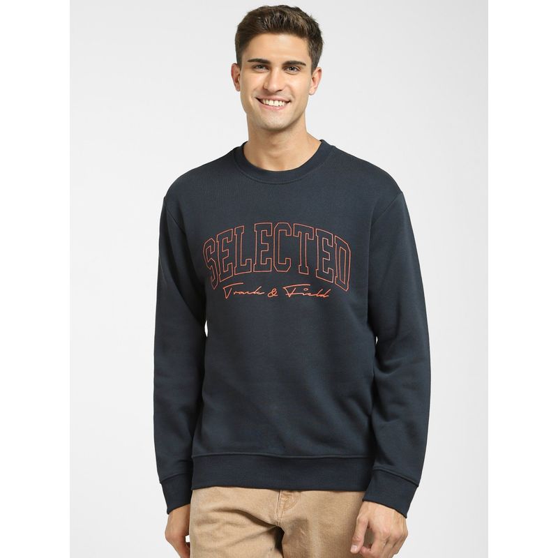 Selected Navy Blue Logo Print Sweatshirt (S)