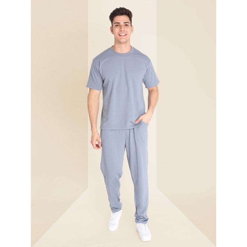 CHKOKKO Men Blue Solid Regular Fit Co-Ord (Set of 2) (L)