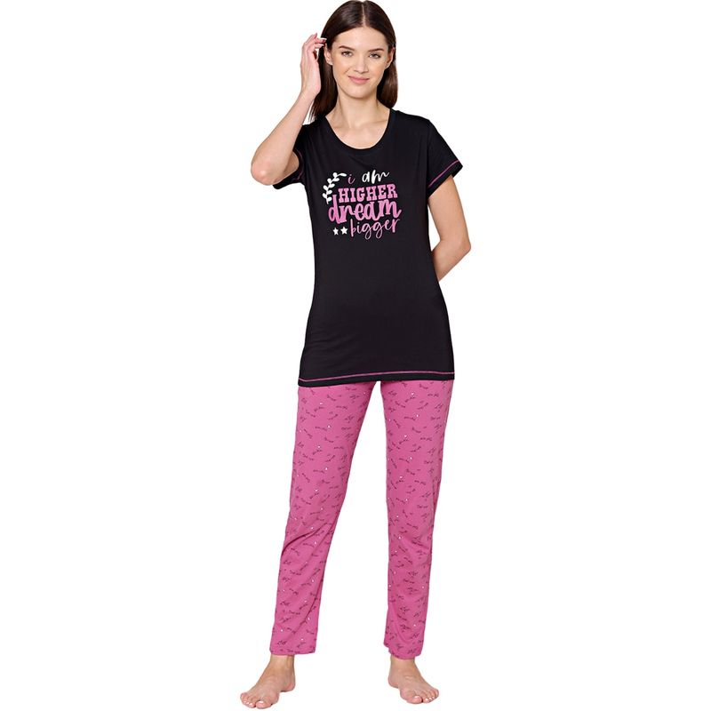 Bodycare Womens Combed Cotton T-Shirt & Pyjama BSLS11012 Black (Set of 2) (M)