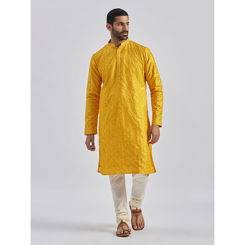 Vastramay Men'S Yellow Silk Blend Kurta and Pyjama (Set of 2) (S)