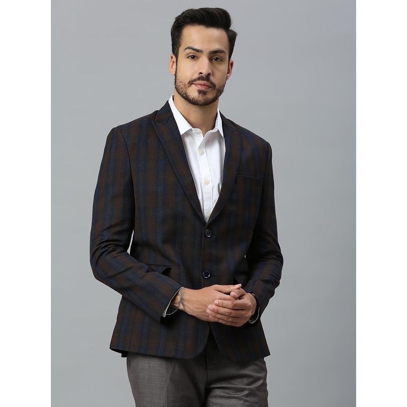 ESSAS club Men Single-Breasted Regular Fit Navy Blue Blazer with Brown Checks (36)