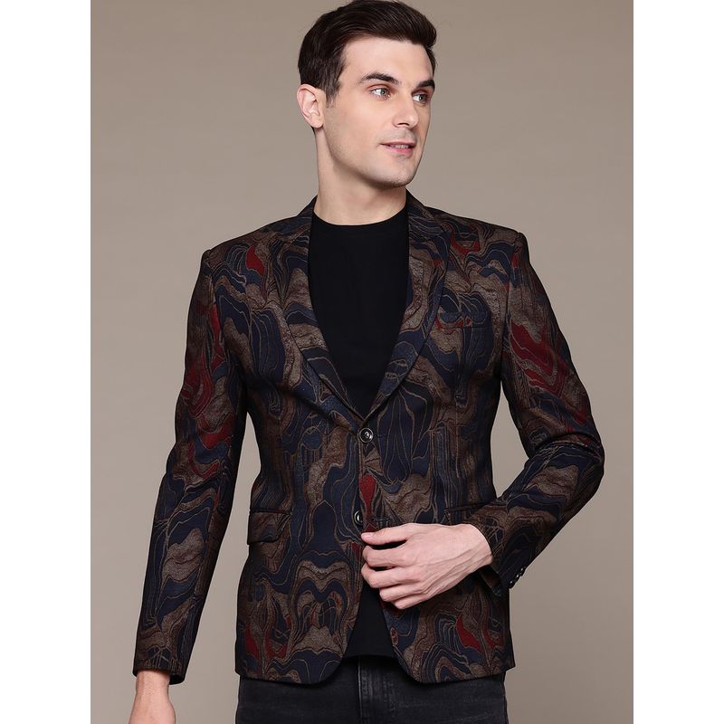 ESSAS club Men Knitted Blue Gold Abstract Print Single-Breasted Slim-Fit Blazer (48)