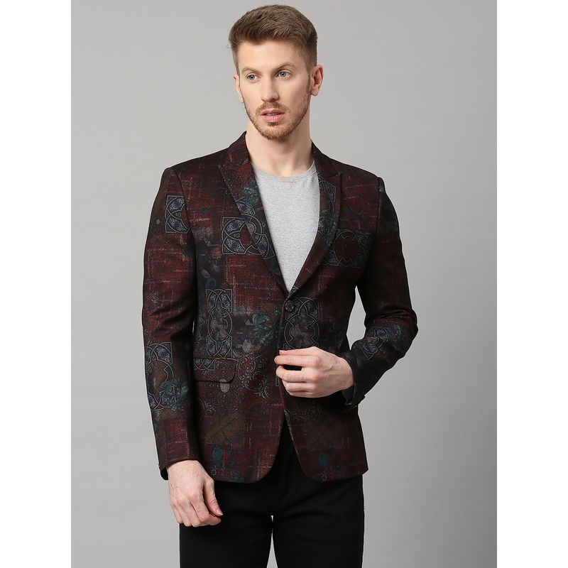 ESSAS club Knitted Maroon Motif Print Single-Breasted Slim-Fit Blazer (36)