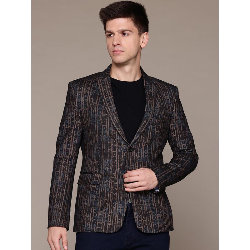 ESSAS club Men Knitted Brown Abstract Print Single-Breasted Slim-Fit Blazer (36)