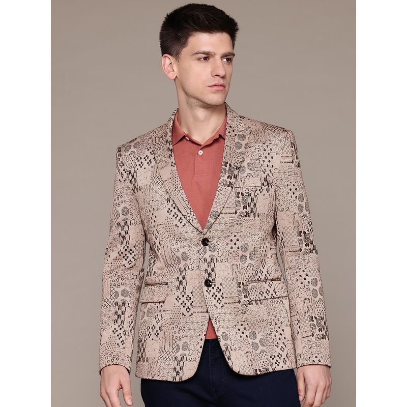 ESSAS club Men Beige Jacquard Slim-Fit Single-Breasted Blazer (44)