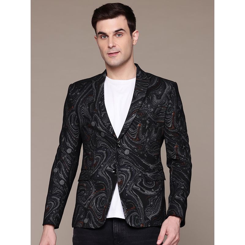 ESSAS club Men Knitted Black Abstract Print Single-Breasted Slim-Fit Blazer (44)