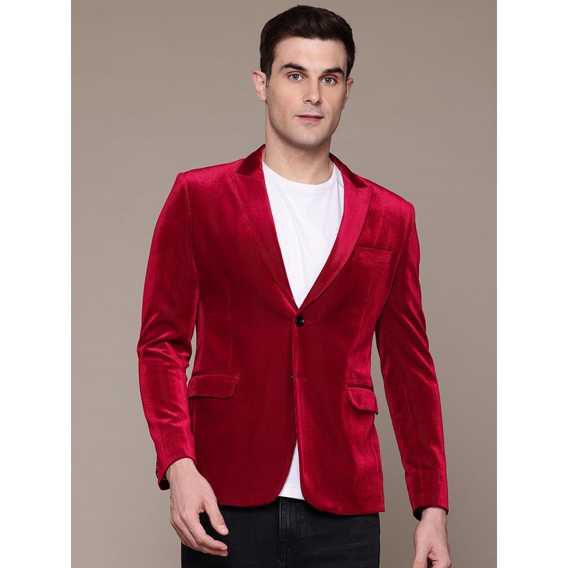 ESSAS club Men Red Corduroy Single-Breasted Slim-Fit Blazer (38)