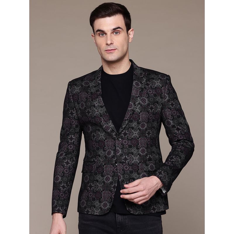 ESSAS club Men Knitted Maroon Block Print Single-Breasted Slim-Fit Blazer (36)