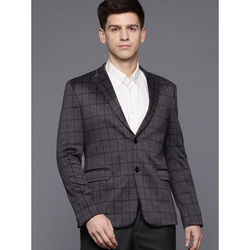 ESSAS club Men Dark Grey Sim Fit Single-Breasted Checkered Blazer (36)