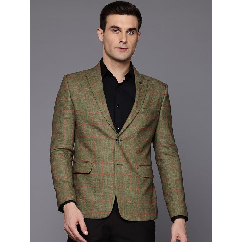 ESSAS club Men Green Slim-Fit Single-Breasted Checkered Blazer (44)