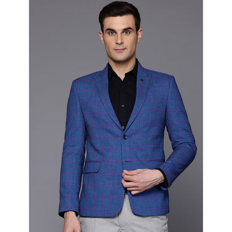 ESSAS club Men Blue Slim-Fit Single-Breasted Checkered Blazer (36)