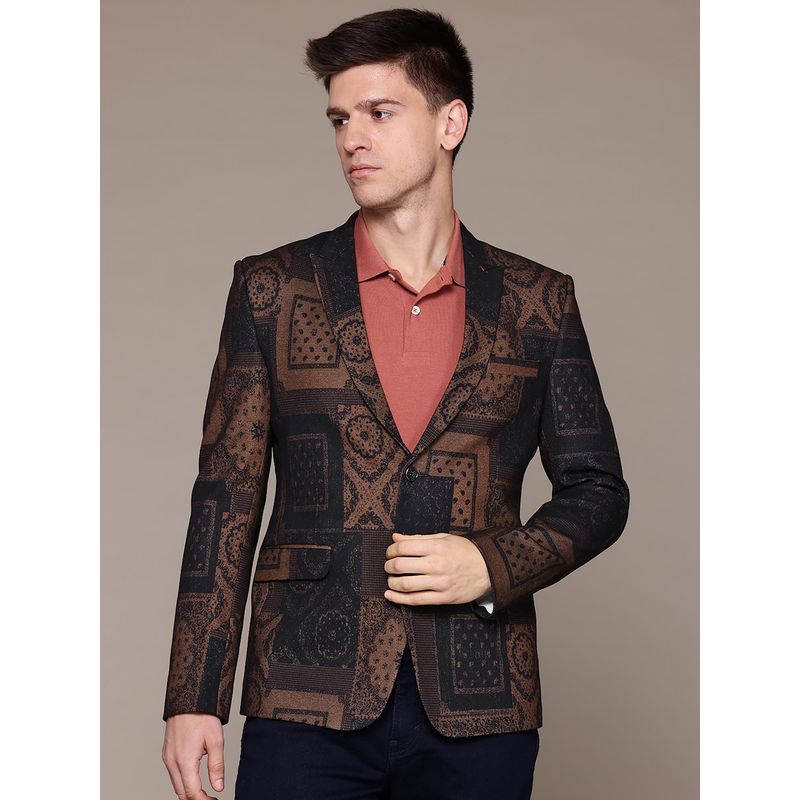 ESSAS club Men Knitted Tan Abstract Print Single-Breasted Slim-Fit Blazer (36)