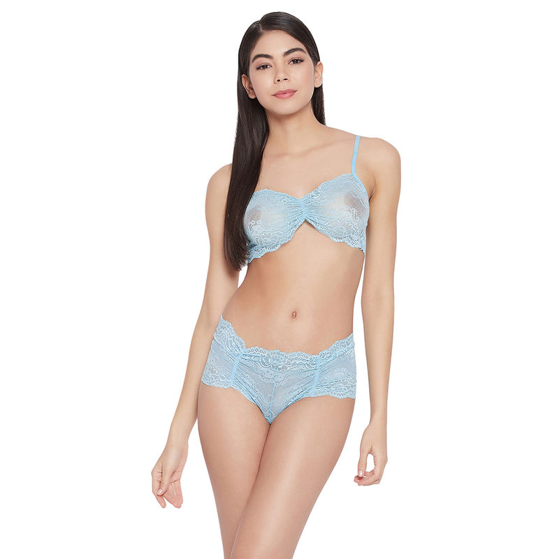 Secrets By ZeroKaata Women Self Design Bridal Lace Lingerie Set - Blue (XXL)