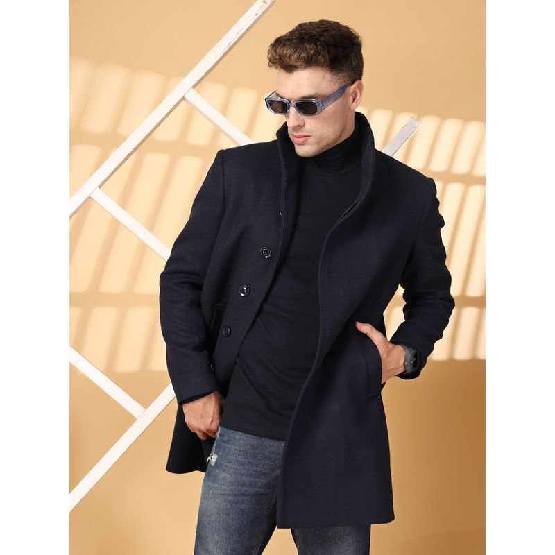 CHKOKKO Men Winter Wear Long Solid Coat Navy Blue (3XL)