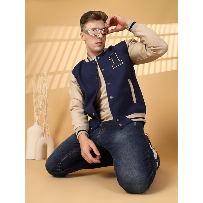CHKOKKO Mens Winter Wear Varsity Jacket Navy Blue (S)
