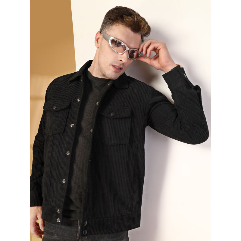 CHKOKKO Men Black Self Design Winter Jacket (2XL)