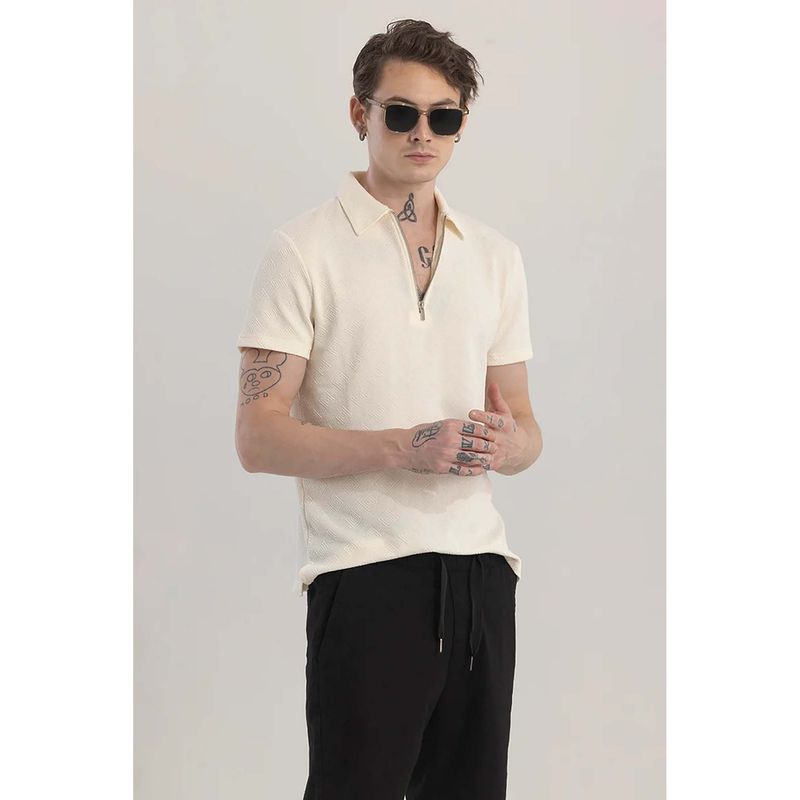 Snitch Cream Textured Half Sleeves Slim Casual Polo T-Shirt for Men (M)